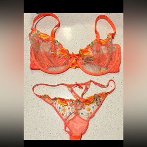 Honey Birdette Orange Floral Embroidered Bra Set 38 DDD/F Large
